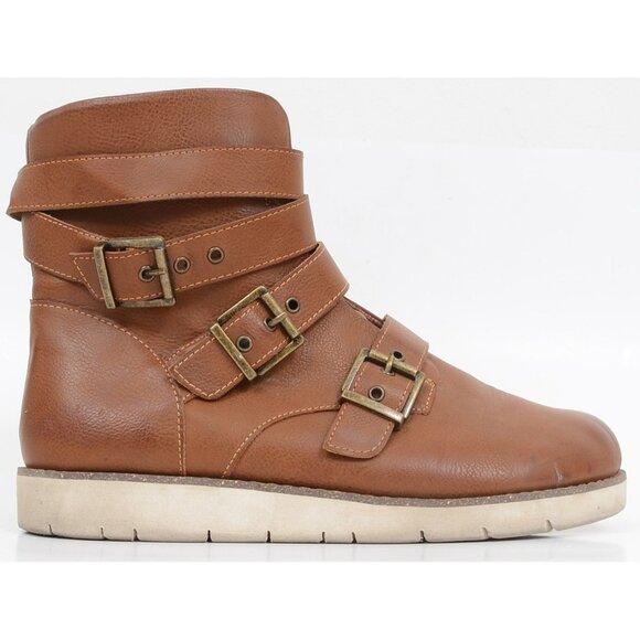 B O C By Born Kiley Buckle Strap Boot Tan Flat Boots Moto Ankle Booties - Picture 1 of 7